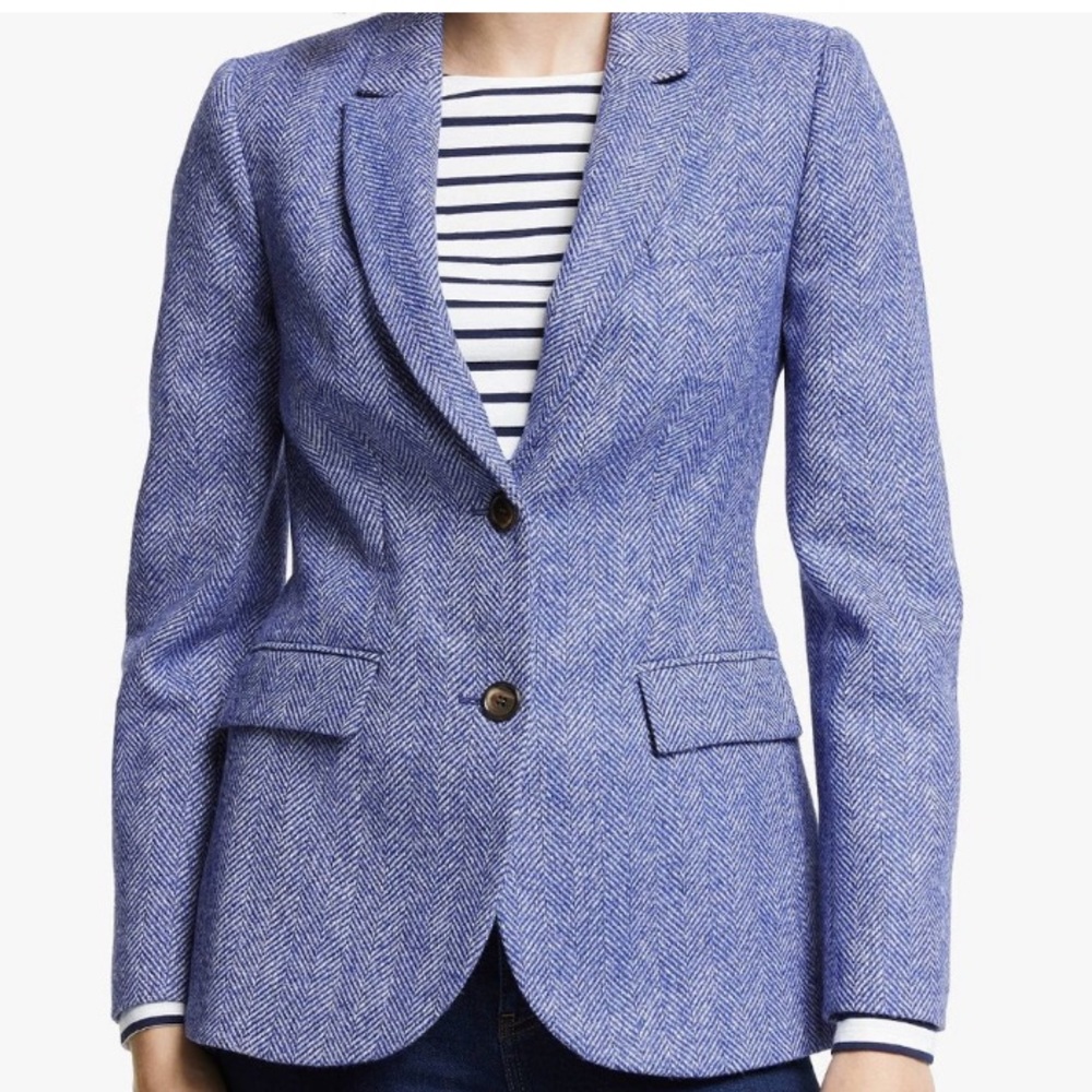 BODEN WOMENS HERITAGE BRITISH TWEED 100% WOOL BLUE HERRINGBONE BLAZER SZ 14R